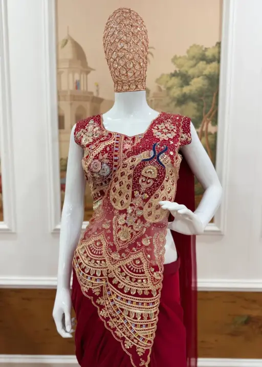 Double Peacock Pallu Readymade Saree Red Color