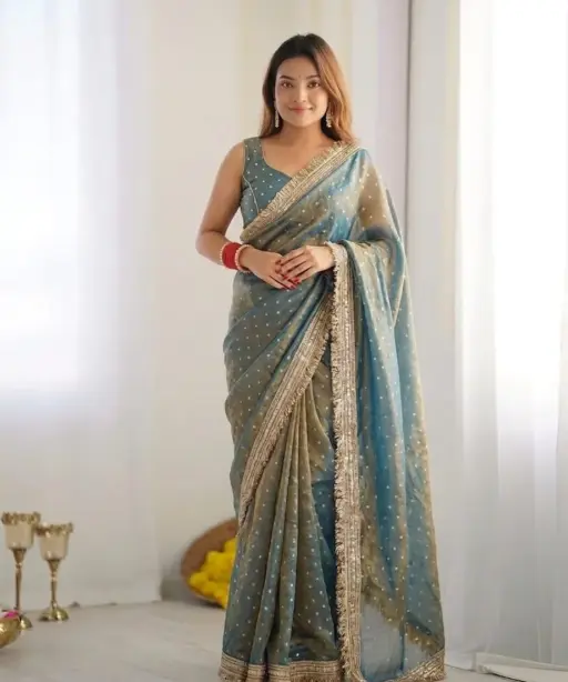 Gray Color Heavy Wedding Wear Saree