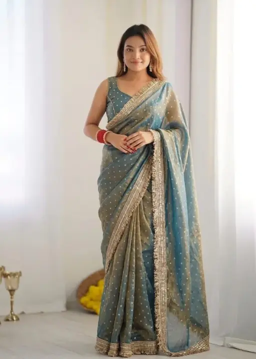 Gray Color Heavy Wedding Wear Saree