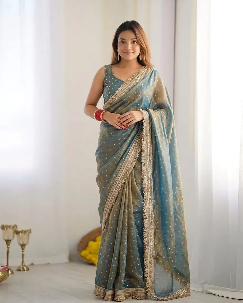 Gray Color Heavy Wedding Wear Saree