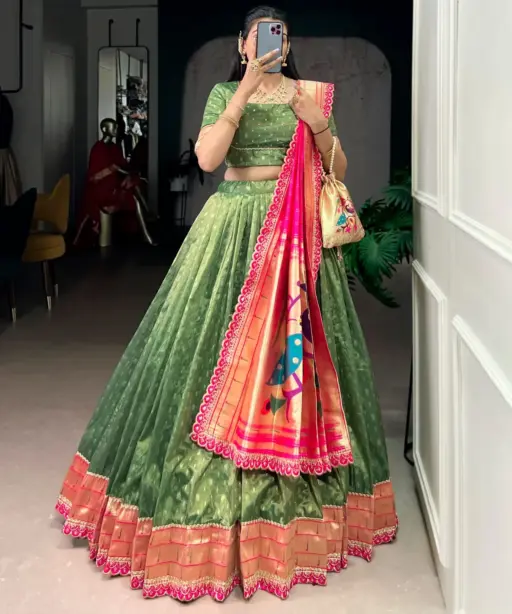 Green 7Color Wedding Lehenga Choli with Paithani Dupatta