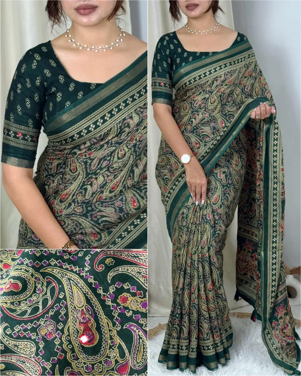 Green Ajrakh Printed Cotton Saree