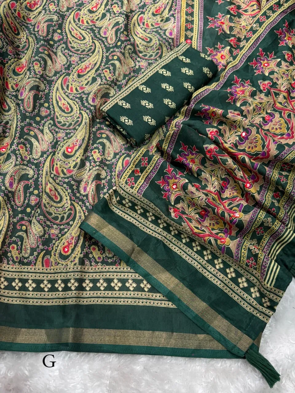 Green Ajrakh Printed Cotton Saree - Image 2