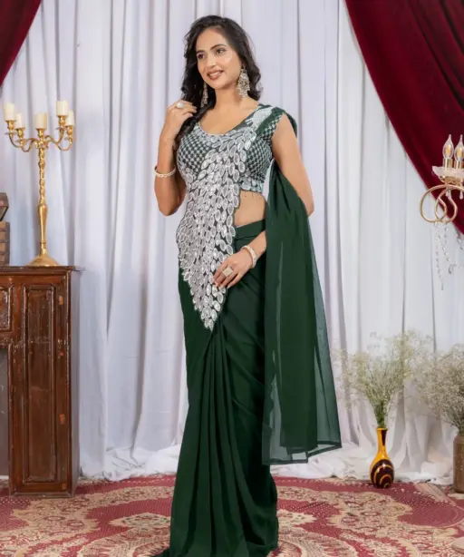 Green Color Peacock Pallu Readymade Saree