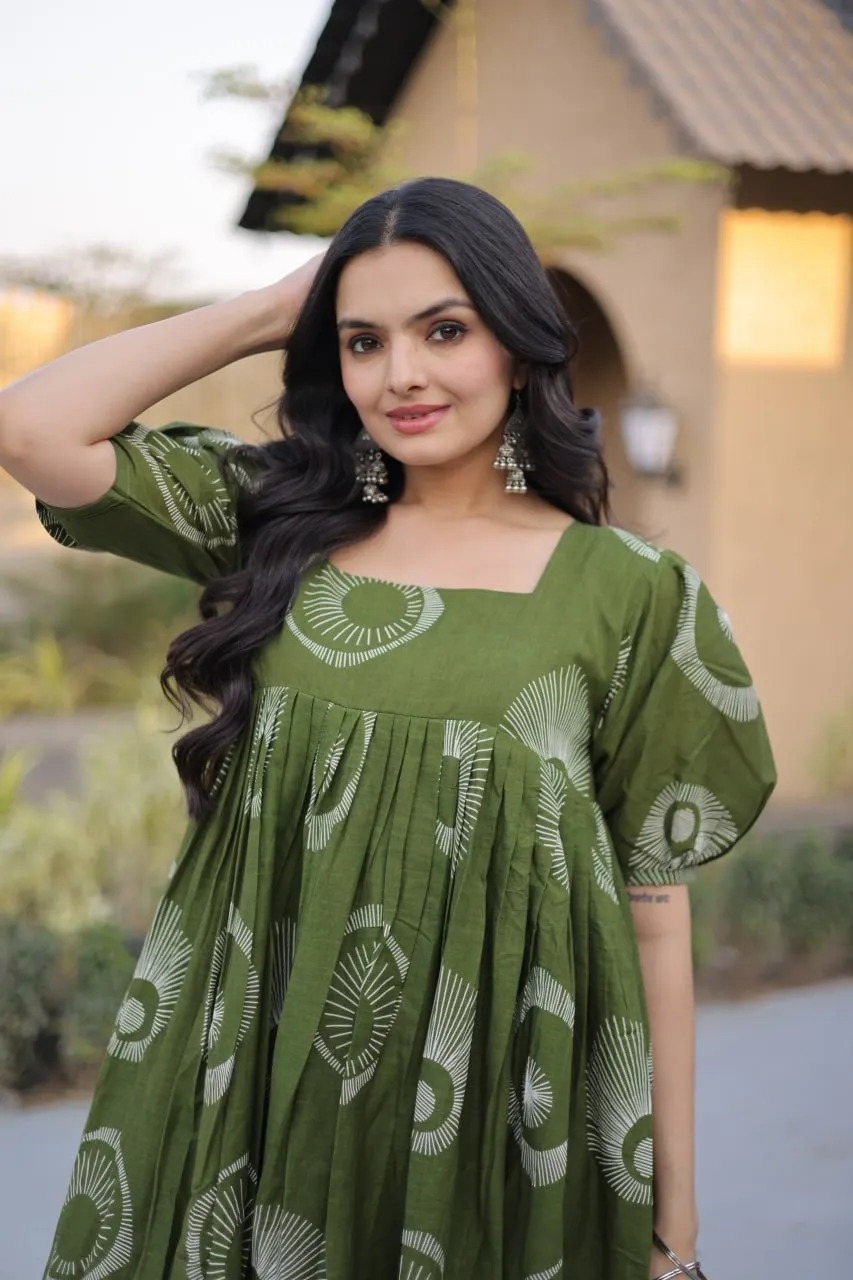 Green Cotton Printed Frill Kurti Frock - Image 2