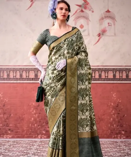 Green Tasar Silk Floral Printed Saree