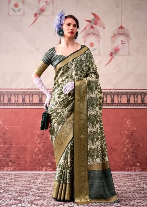 Green Tasar Silk Floral Printed Saree