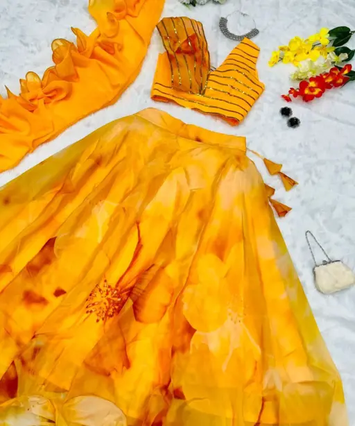 Haldi Special Readymade Fancy Blouse with Floral Lehenga