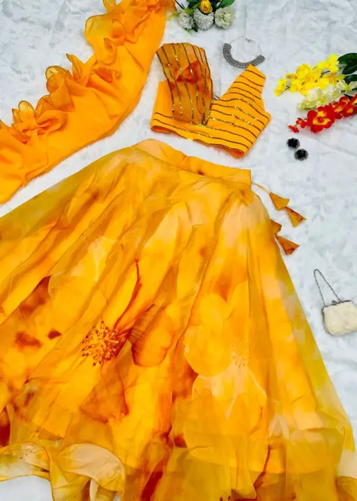 Haldi Special Readymade Fancy Blouse with Floral Lehenga