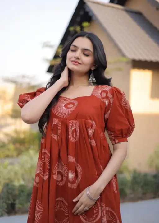 Orange Cotton Printed Frill Kurti Frock