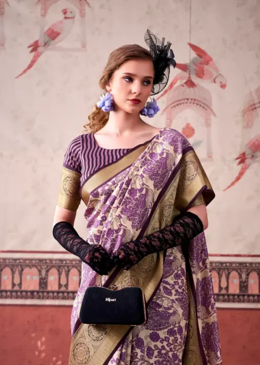 Lavender Tasar Silk Floral Printed Saree