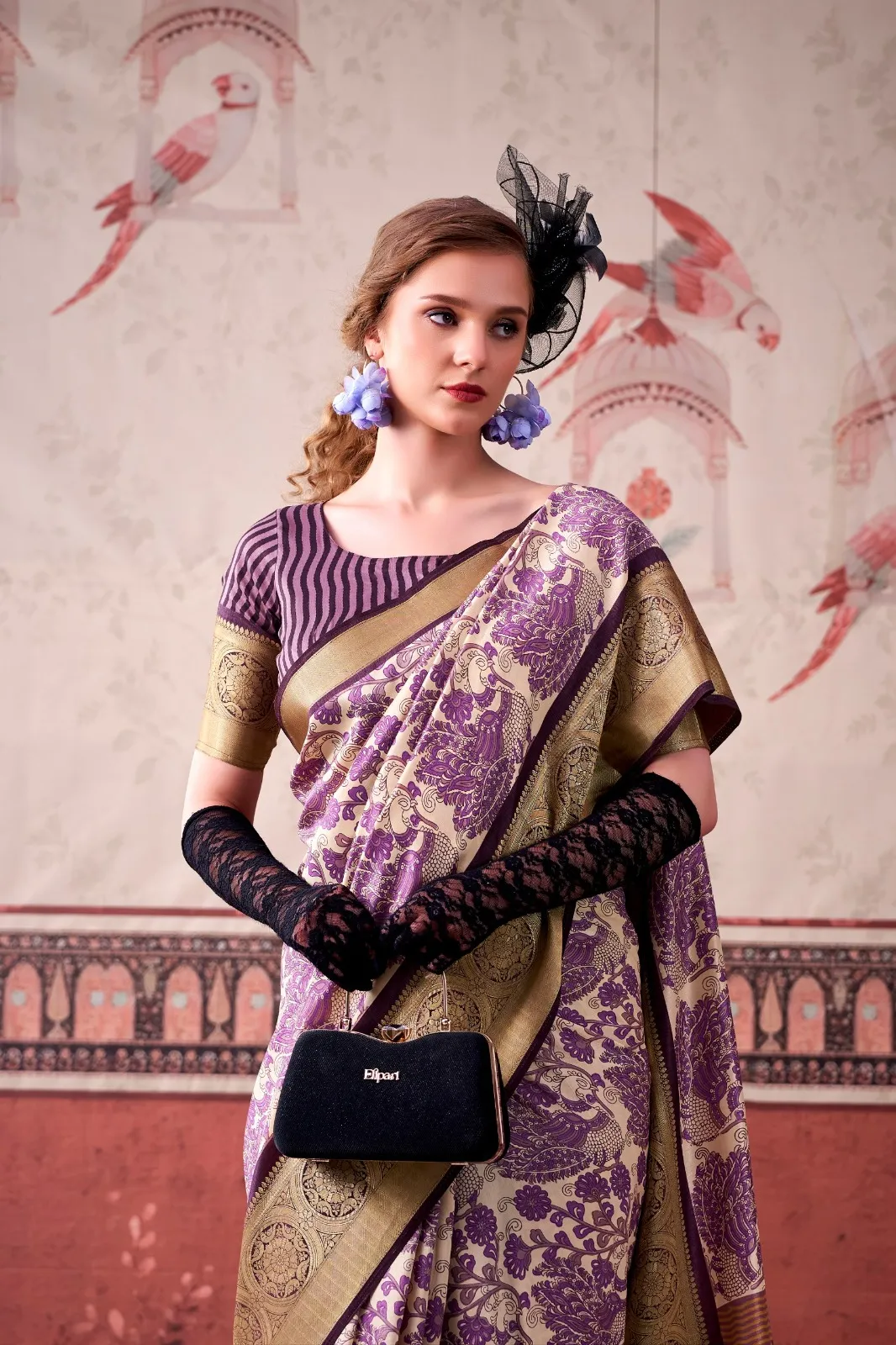 Lavender Tasar Silk Floral Printed Saree