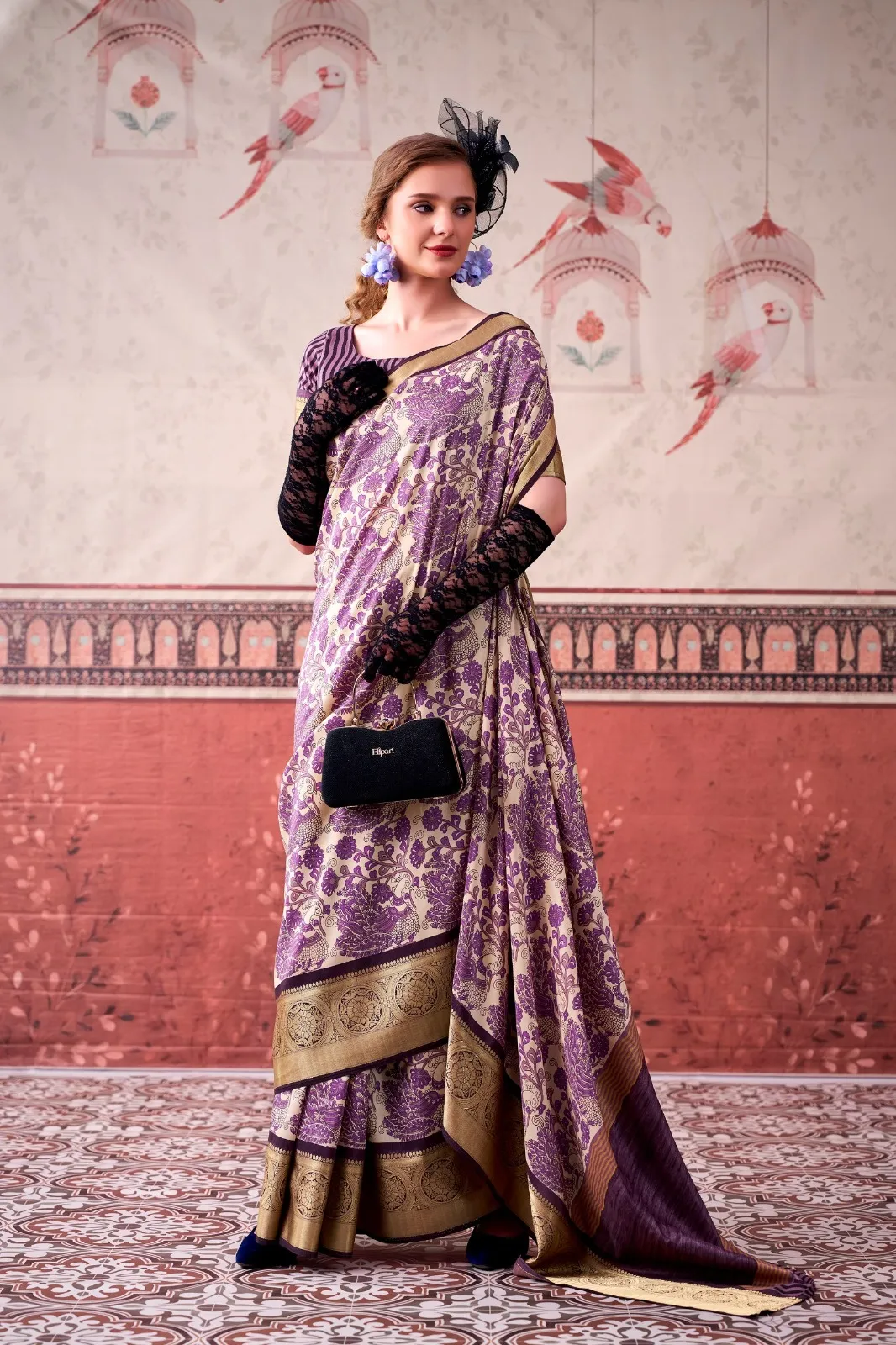 Lavender Tasar Silk Floral Printed Saree - Image 2