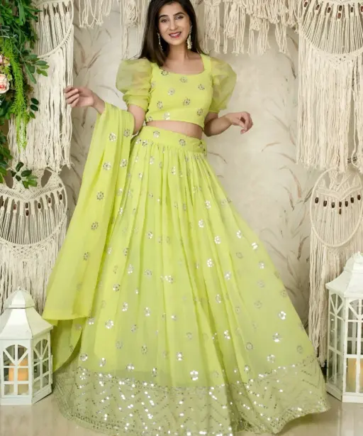 Lime Green Sequins Embroidered Lehenga with Puff Sleeve