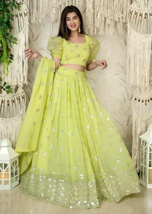 Lime Green Sequins Embroidered Lehenga with Puff Sleeve
