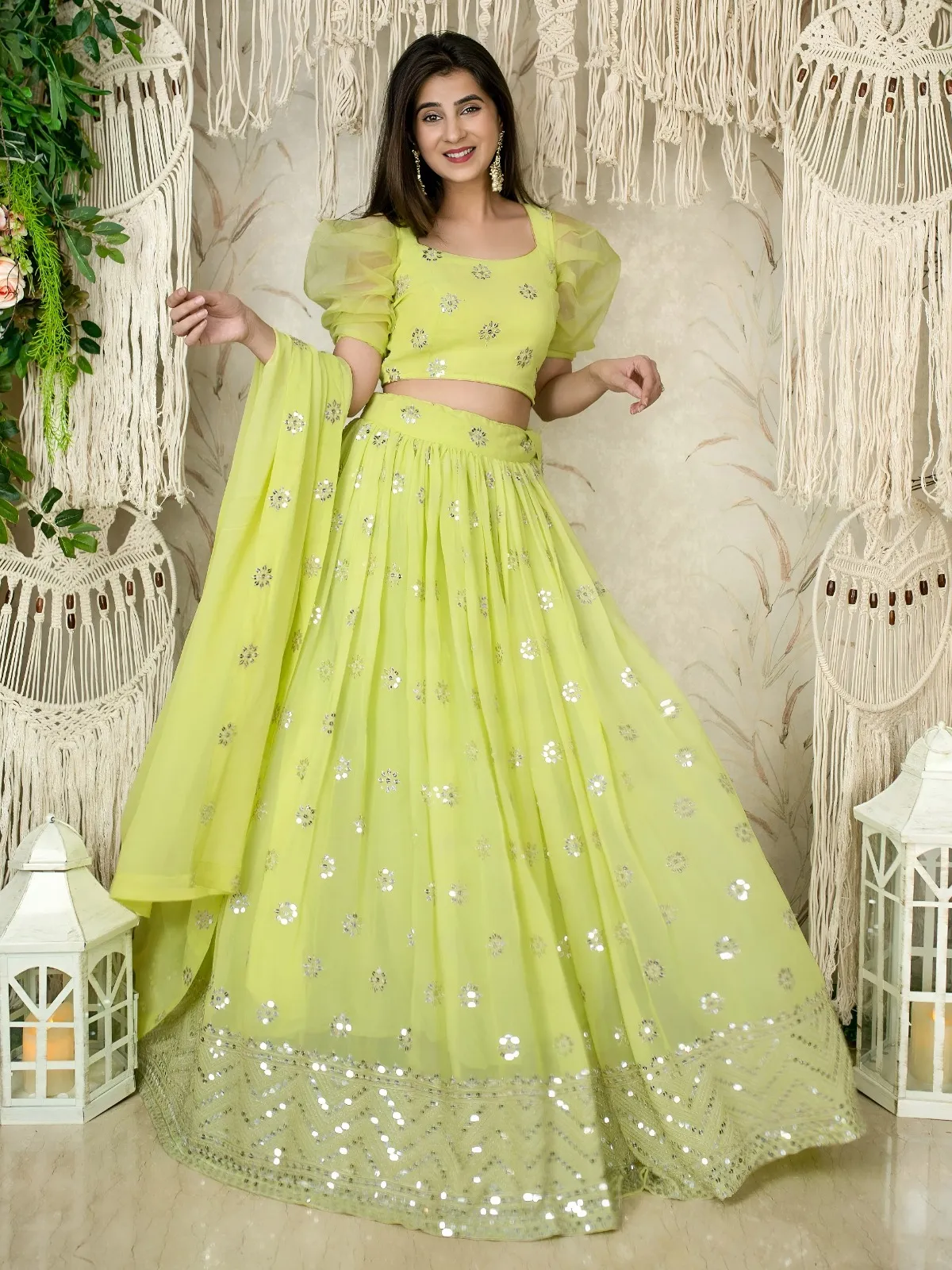 Lime Green Sequins Embroidered Lehenga with Puff Sleeve
