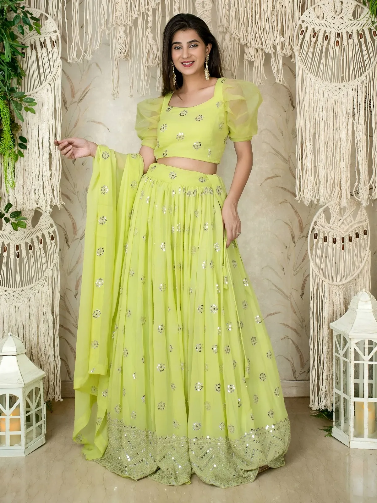 Lime Green Sequins Embroidered Lehenga with Puff Sleeve - Image 2
