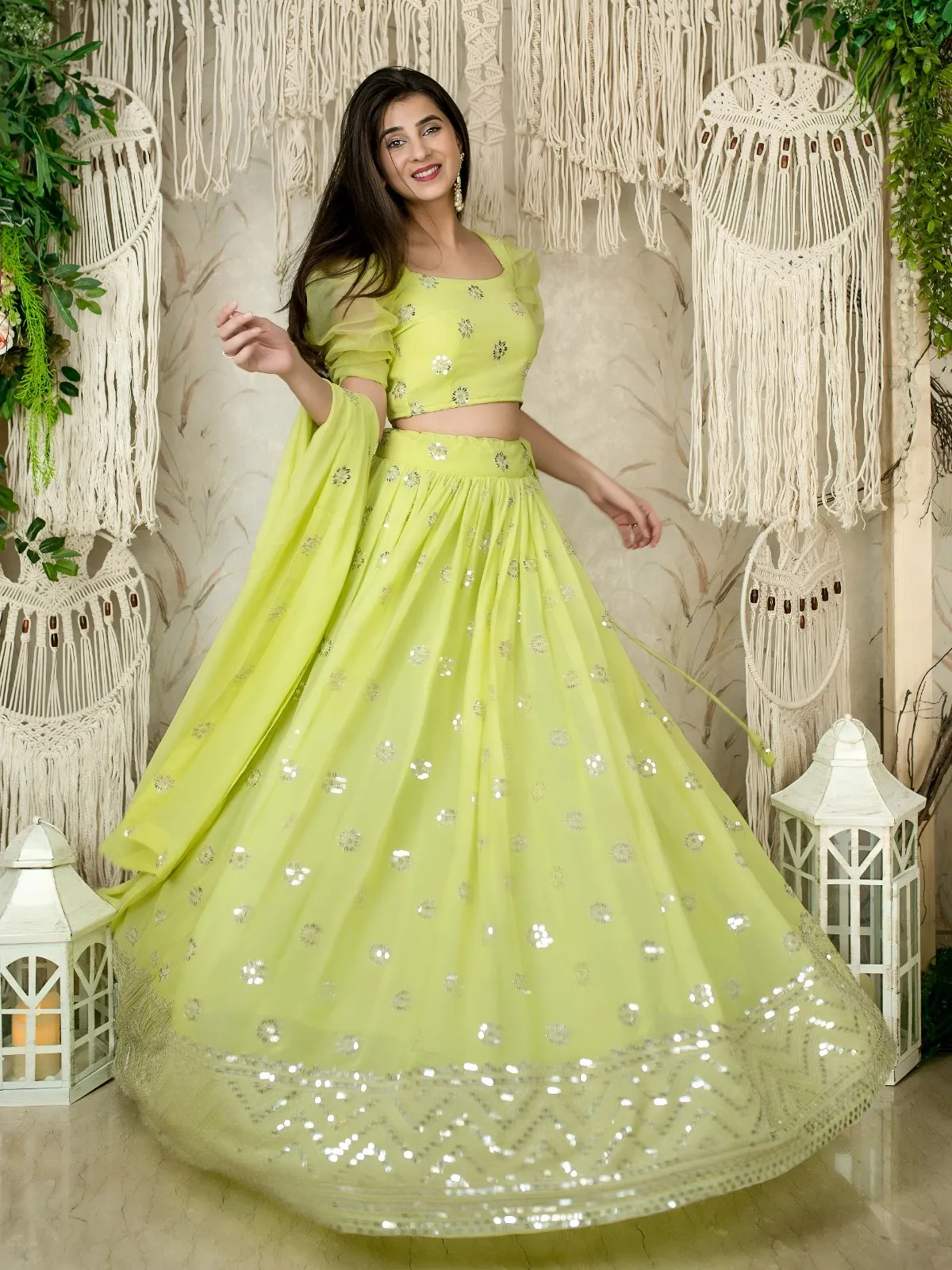 Lime Green Sequins Embroidered Lehenga with Puff Sleeve - Image 3