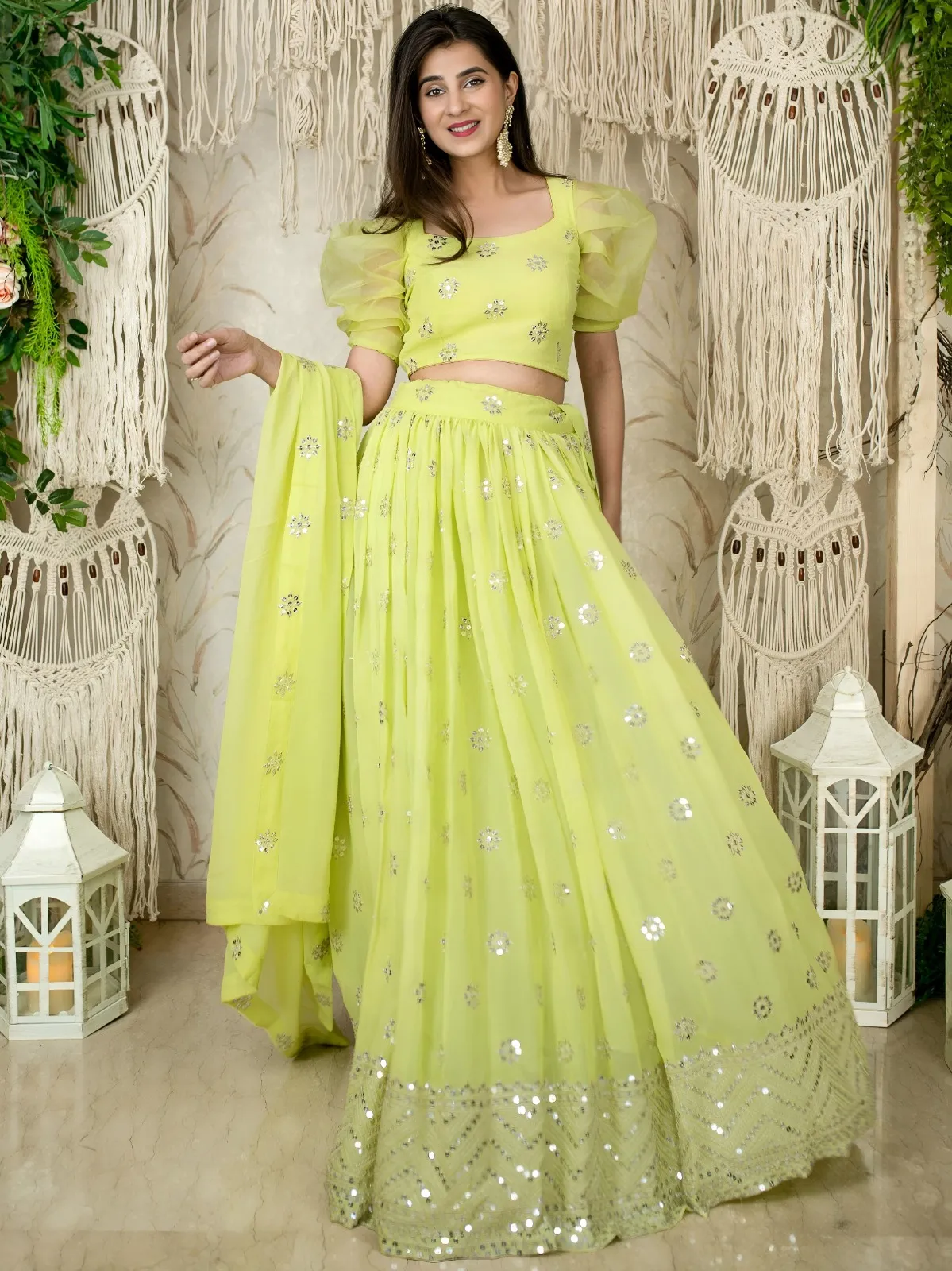Lime Green Sequins Embroidered Lehenga with Puff Sleeve - Image 4