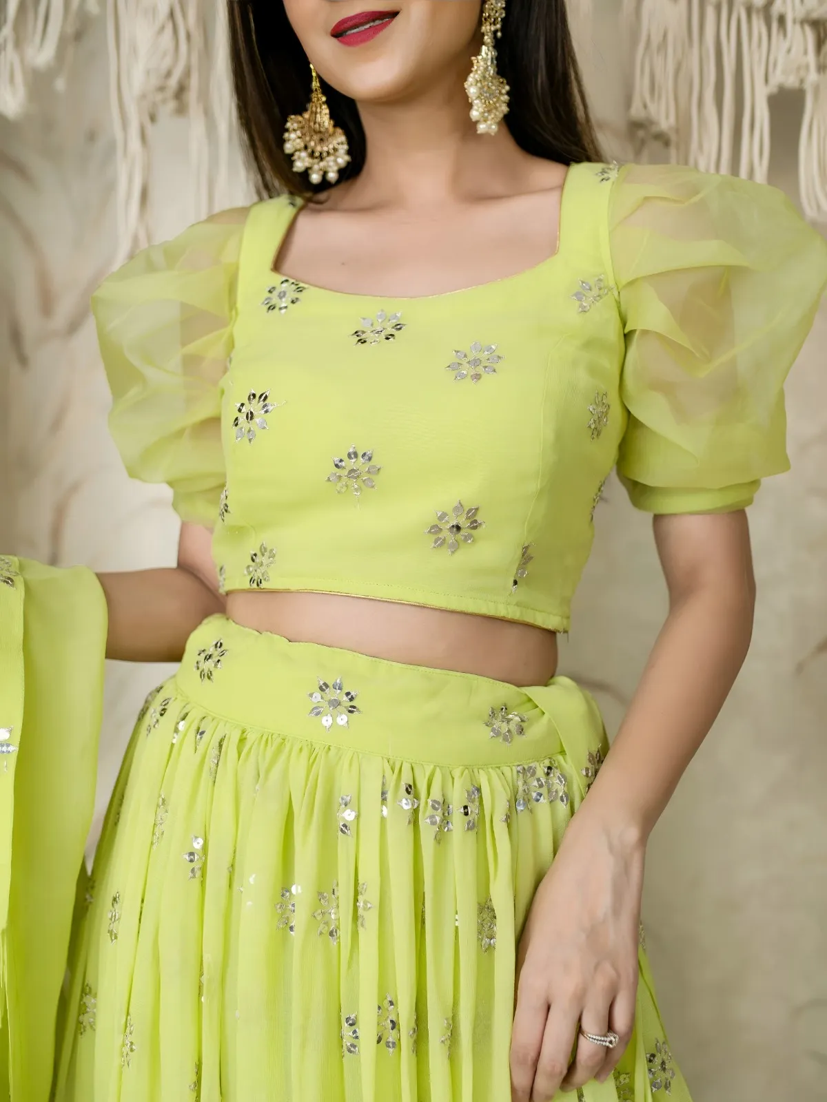 Lime Green Sequins Embroidered Lehenga with Puff Sleeve - Image 6