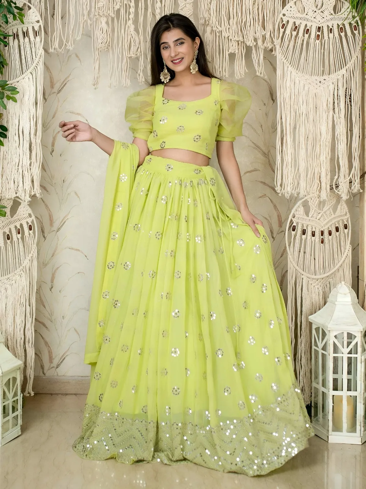 Lime Green Sequins Embroidered Lehenga with Puff Sleeve - Image 7