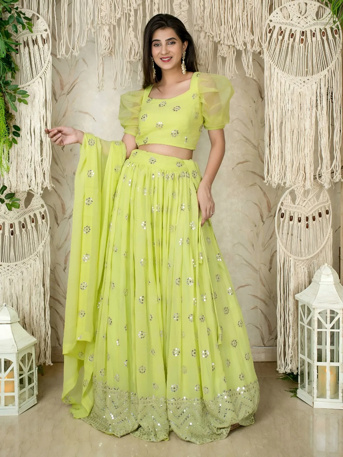 Lime Green Sequins Embroidered Lehenga with Puff Sleeve - Image 8