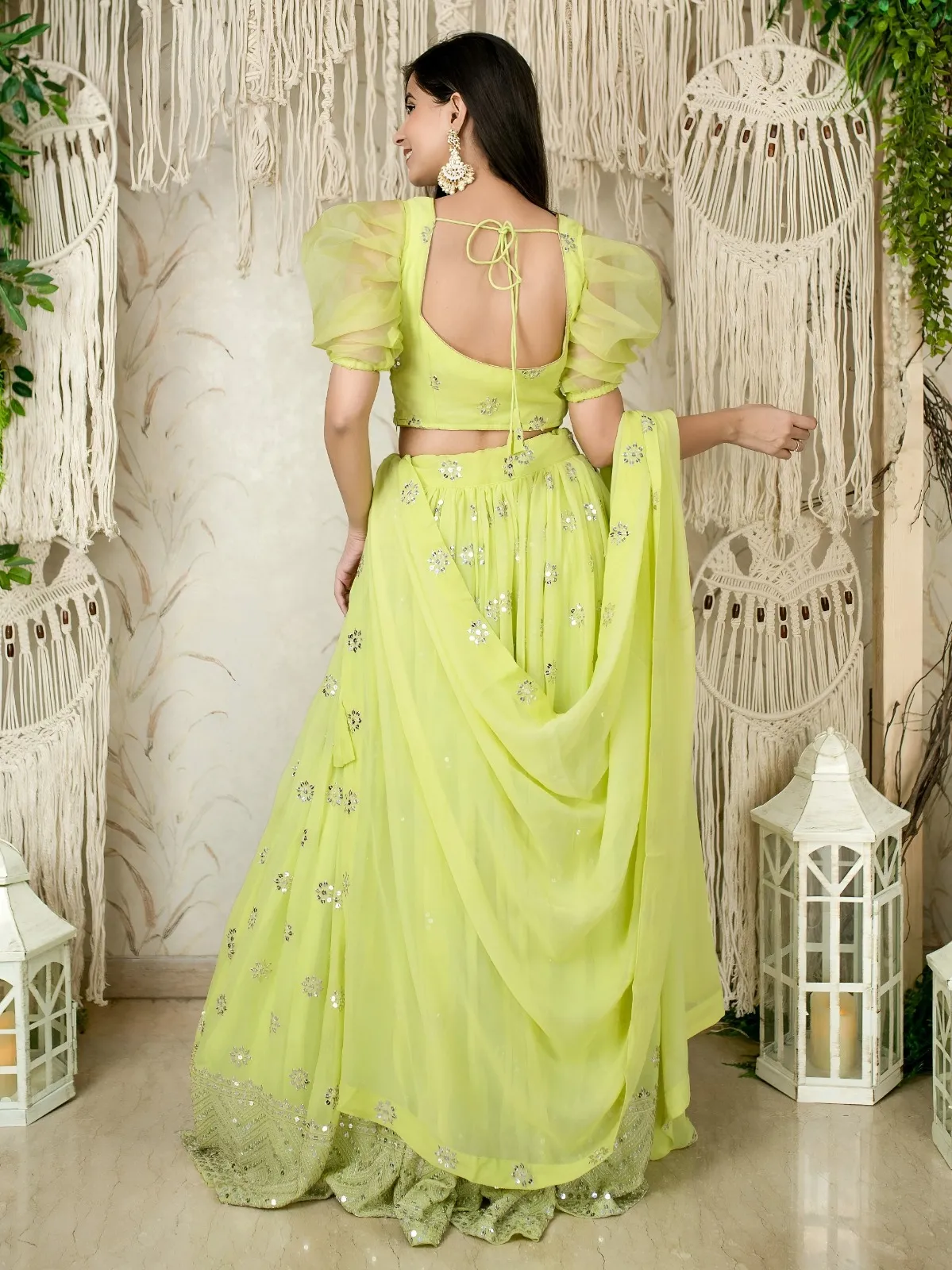 Lime Green Sequins Embroidered Lehenga with Puff Sleeve - Image 9