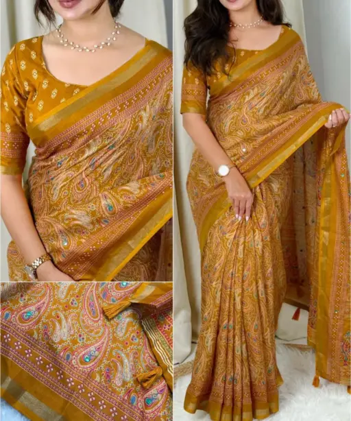Mustard Ajrakh Printed Saree for Haldi function