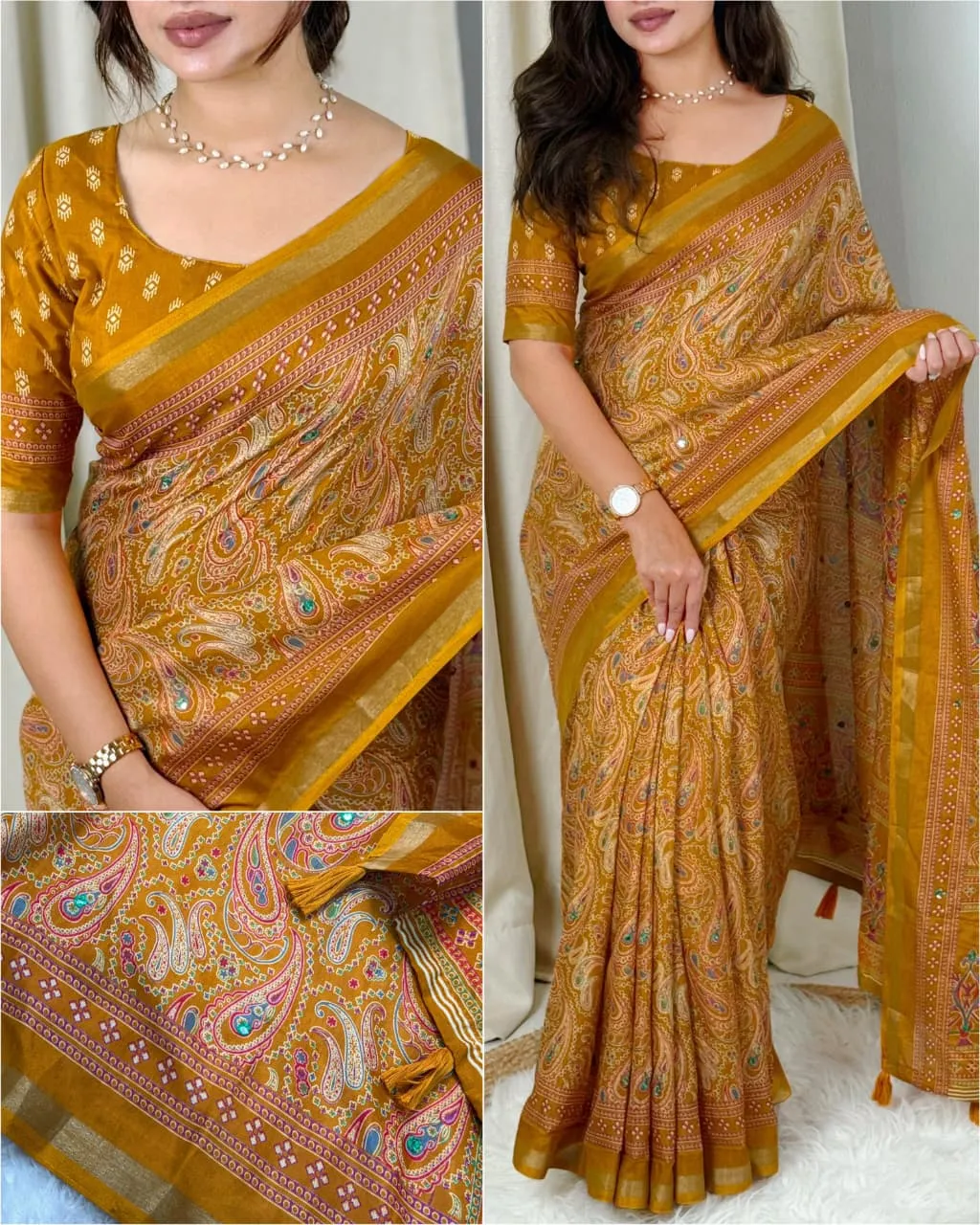Mustard Ajrakh Printed Saree for Haldi function