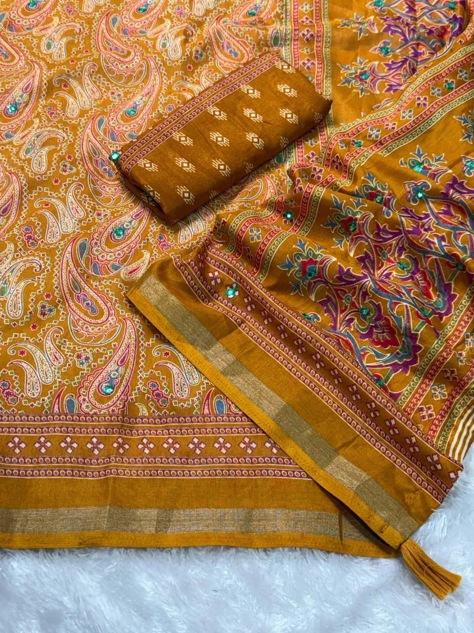 Mustard Ajrakh Printed Saree for Haldi function - Image 2