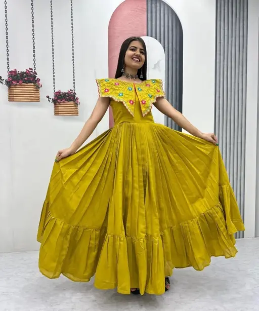 Mustard Color Butterfly Pattern Neck Gown