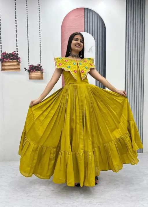 Mustard Color Butterfly Pattern Neck Gown