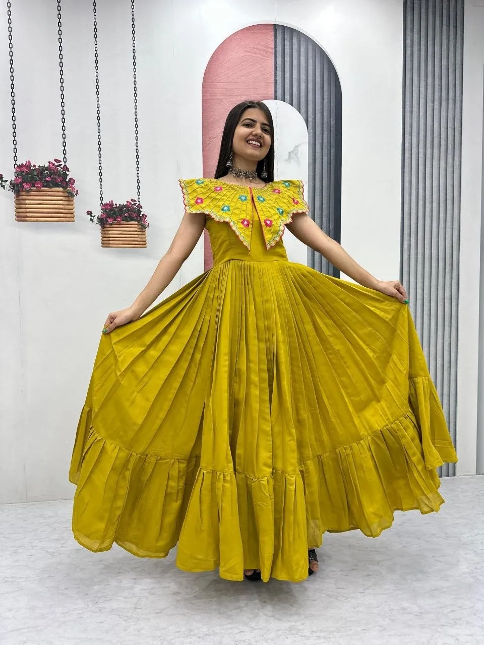 Mustard Color Butterfly Pattern Neck Gown