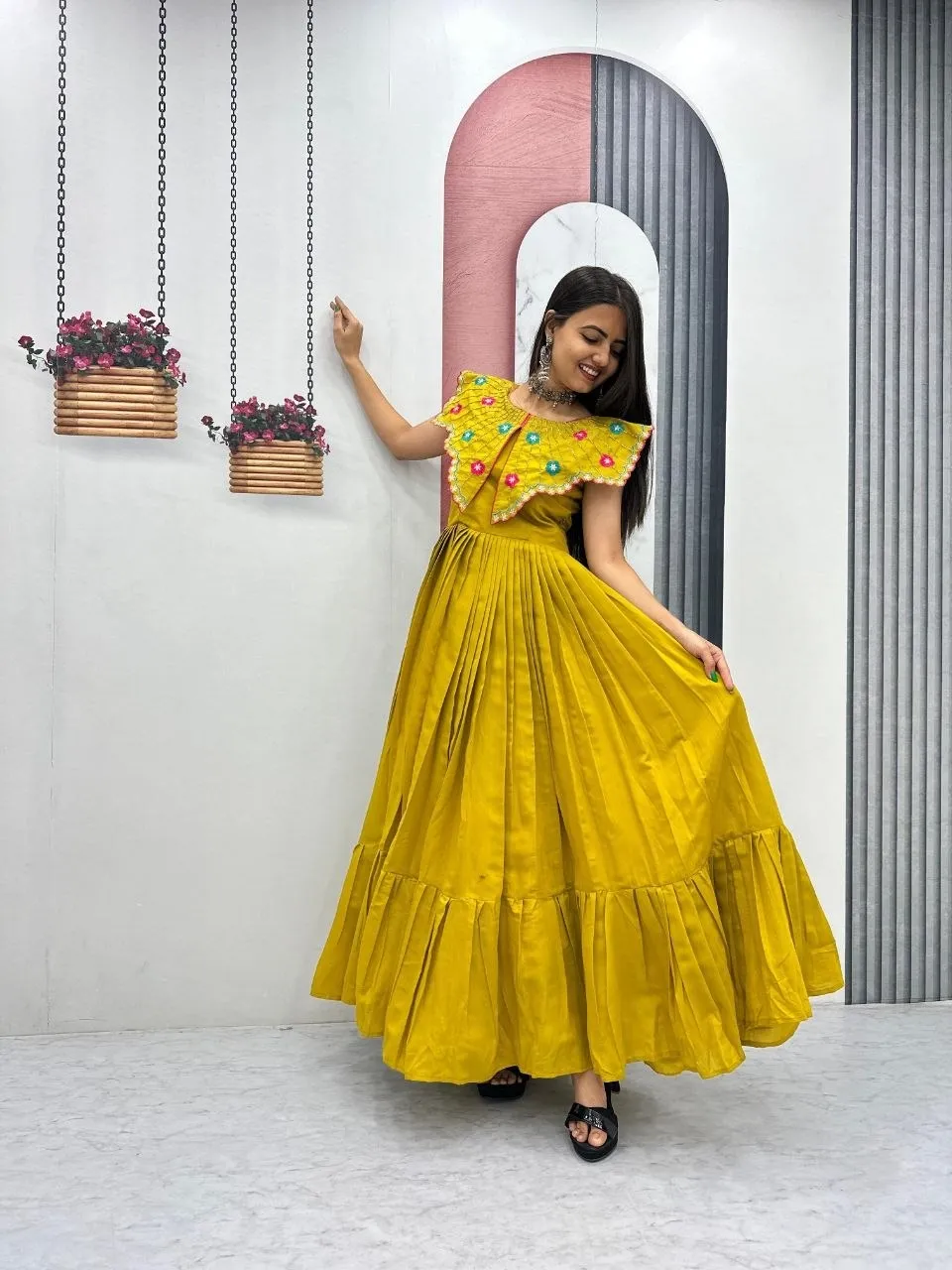 Mustard Color Butterfly Pattern Neck Gown - Image 2