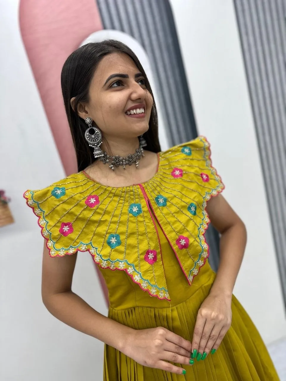 Mustard Color Butterfly Pattern Neck Gown - Image 3