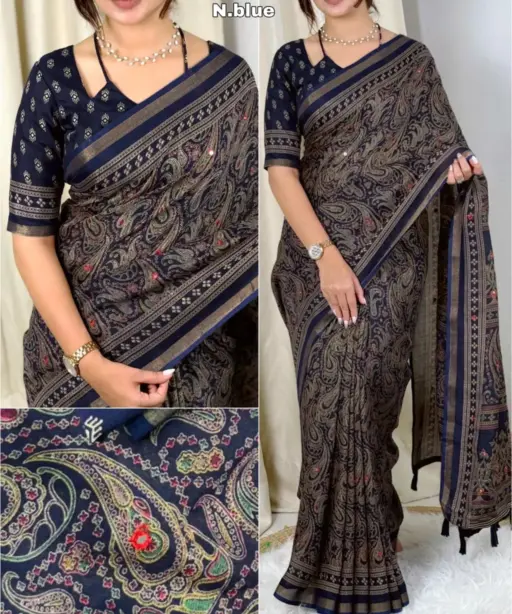 Navy Blue Ajrakh Printed Cotton Saree with Tassel