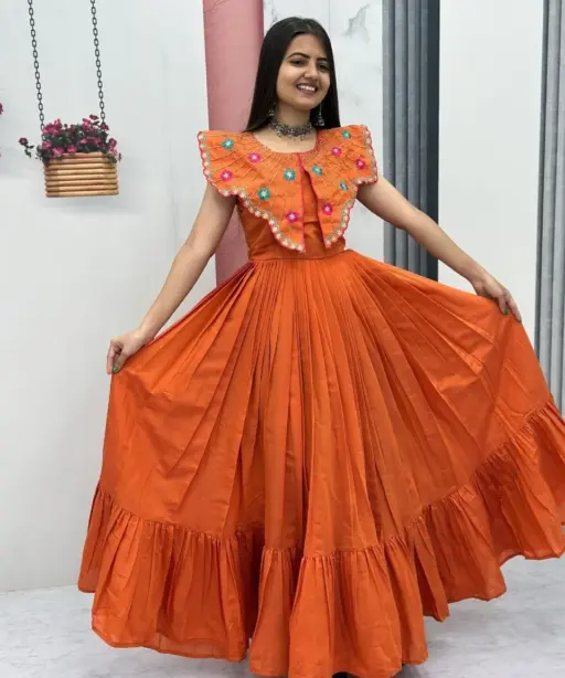 Orange Butterfly Pattern Neck Gown