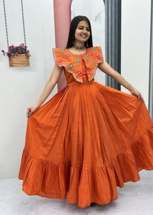 Orange Butterfly Pattern Neck Gown