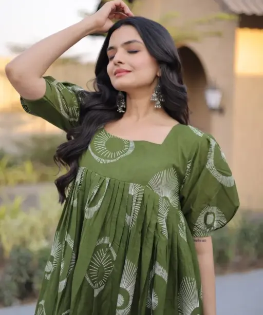 Orange Cotton Printed Frill Kurti Frock