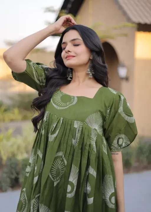 Green Cotton Printed Frill Kurti Frock