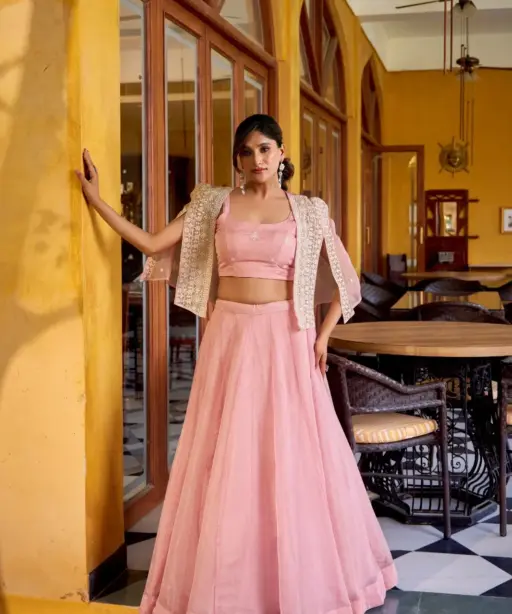 Pastel Pink Wedding Koti Blouse Lehenga Readymade