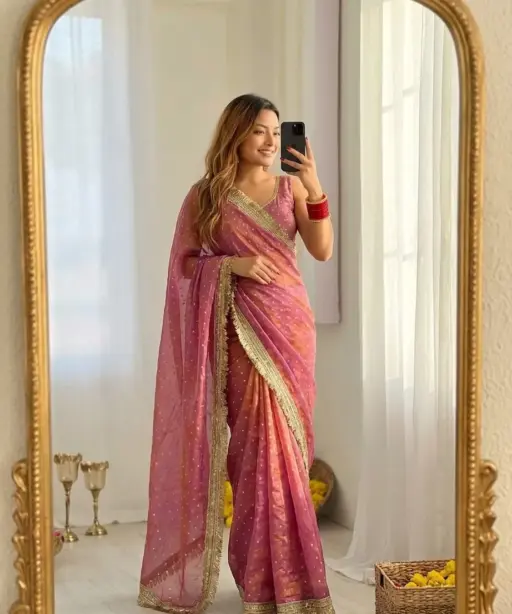 Peach Color Heavy Wedding Wear Saree