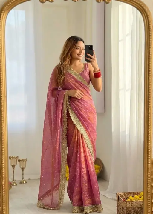 Peach Color Heavy Wedding Wear Saree