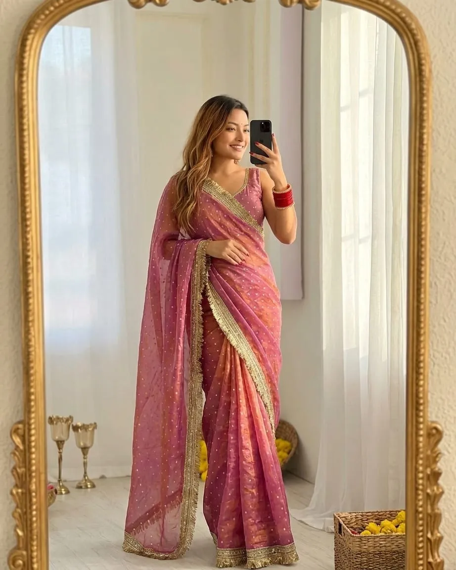 Peach Color Heavy Wedding Wear Saree