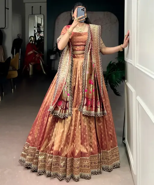 Peach Color Wedding Lehenga Choli with Paithani Dupatta