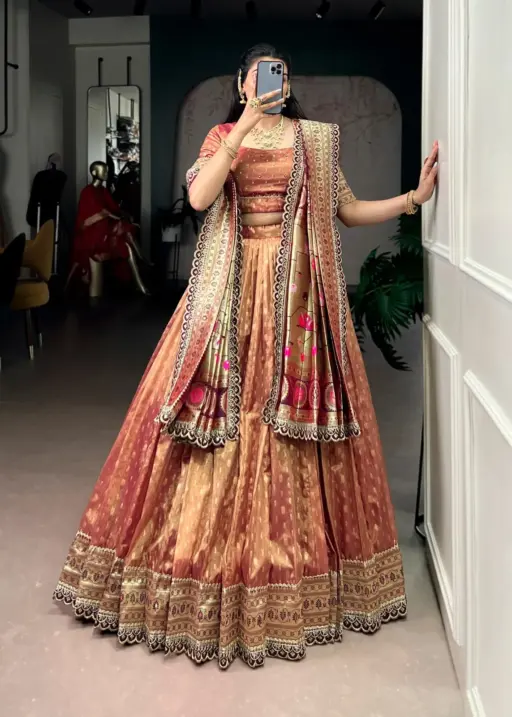 Peach Color Wedding Lehenga Choli with Paithani Dupatta