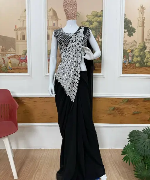 Peacock Pallu Readymade Saree Black Color