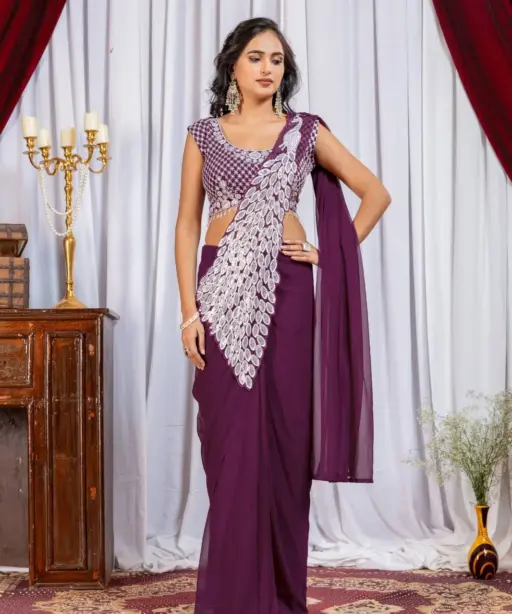 Peacock Pallu Readymade Saree Purple Color