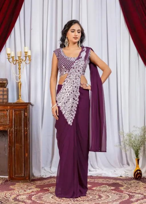 Peacock Pallu Readymade Saree Purple Color