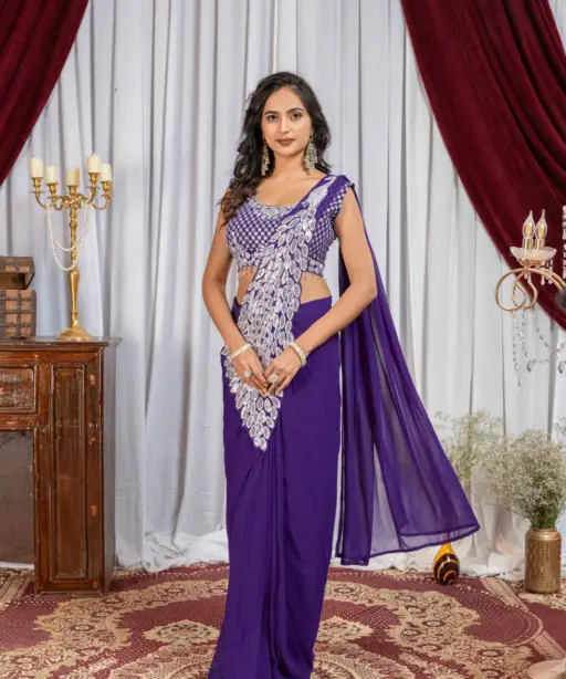 Peacock Pallu Readymade Saree Violet Color